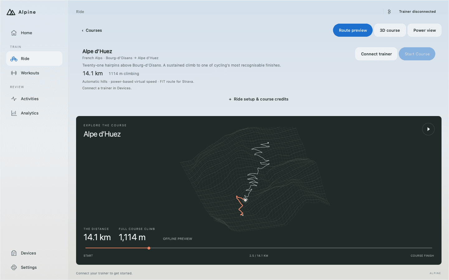 The desktop app showing the course preview, elevation and route controls for Alpe d’Huez.